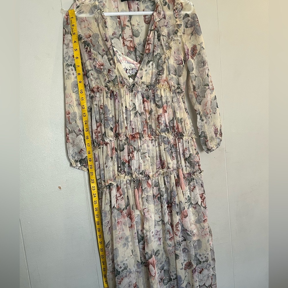 O.P.T Floral Tiered Midi Dress XS Long Sleeve Boho Romantic Sheer Ruffle Dress